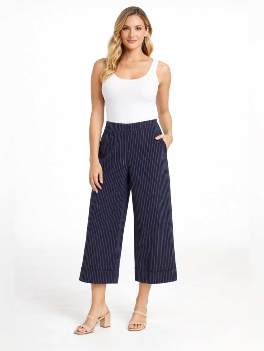 SCOOP Womens High Waist Cropped Pants Sz14  Stripe Wide Leg Full Cuff